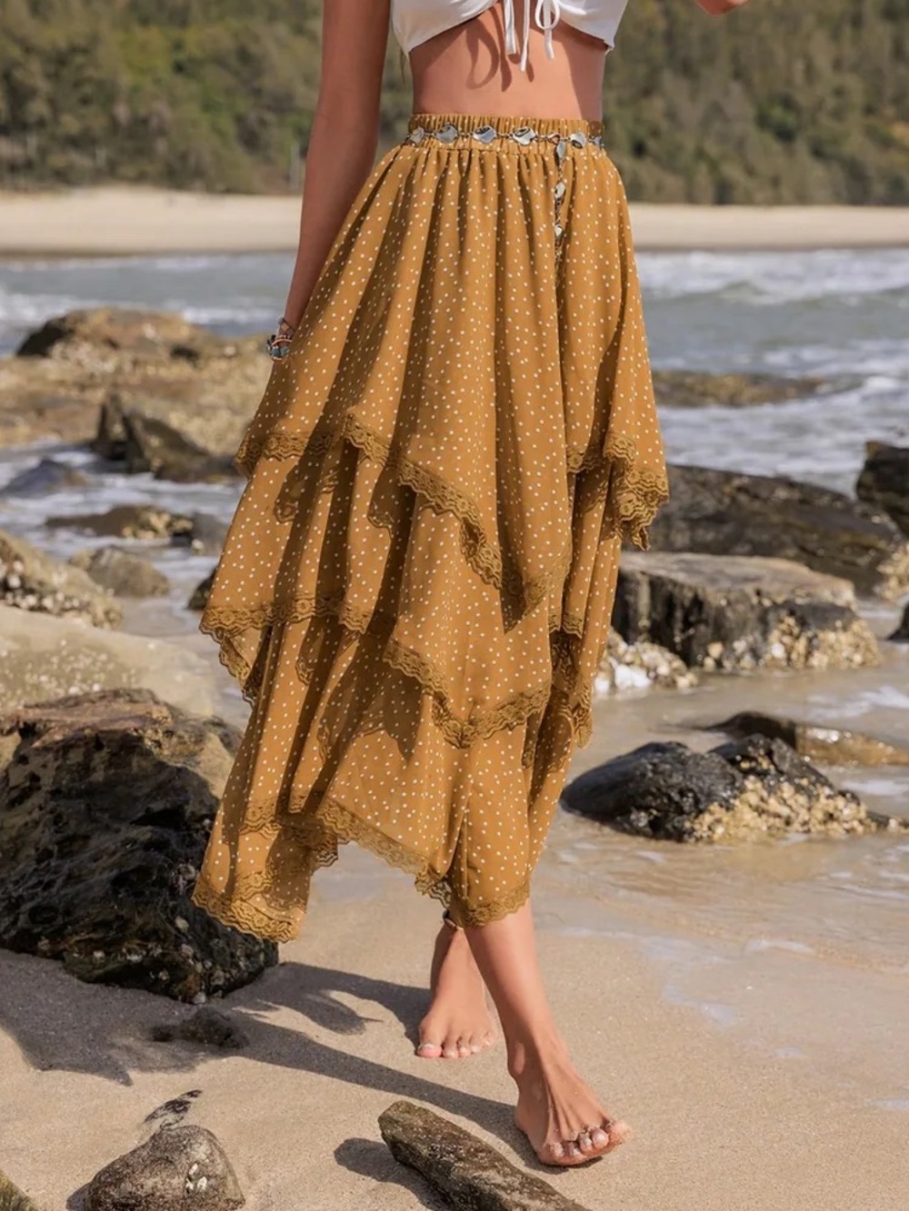 RusttyDustty boho polka dot asymmetrical tiered skirt size small
